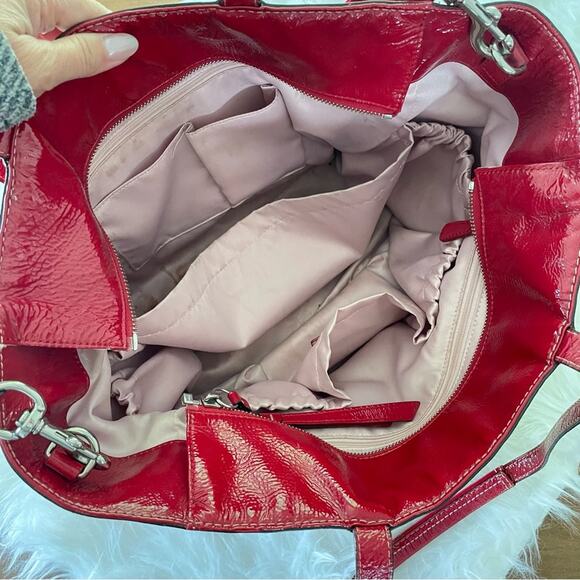 Coach Women Signature C Embossed Garnet Red Patent Leather Diaper Bag Tote Large - Picture 6 of 10